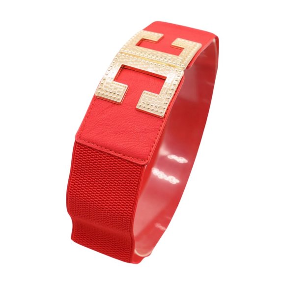 Women Red Elastic Hip High Waist Fashion Belt Big Gold Metal C Buckle Size S M - Picture 16 of 17